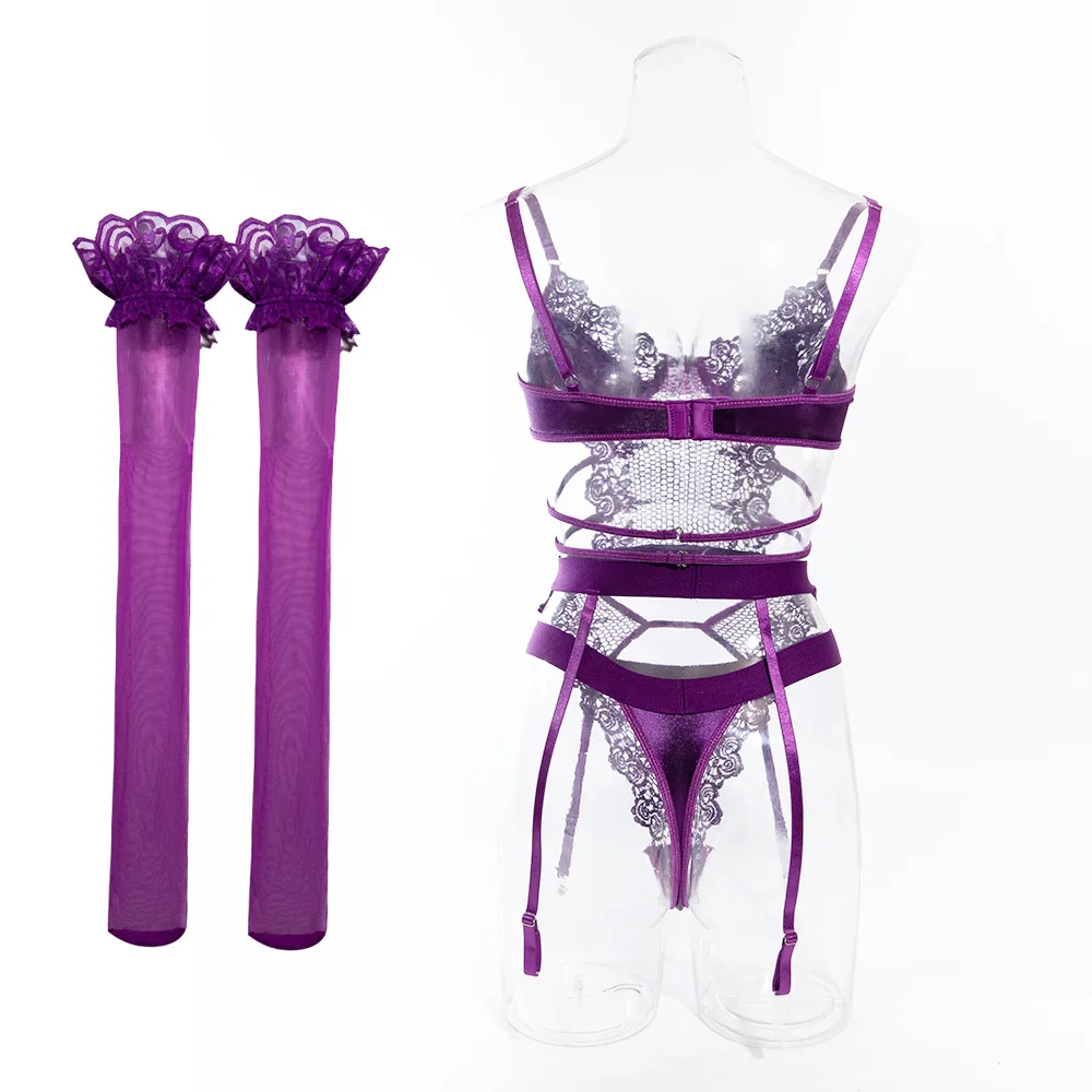 Ensemble de lingerie violet pour femmes, voir à travers, corset sexy, string, string, string, string, dentelle, sexe, sous-vêtements féminins,