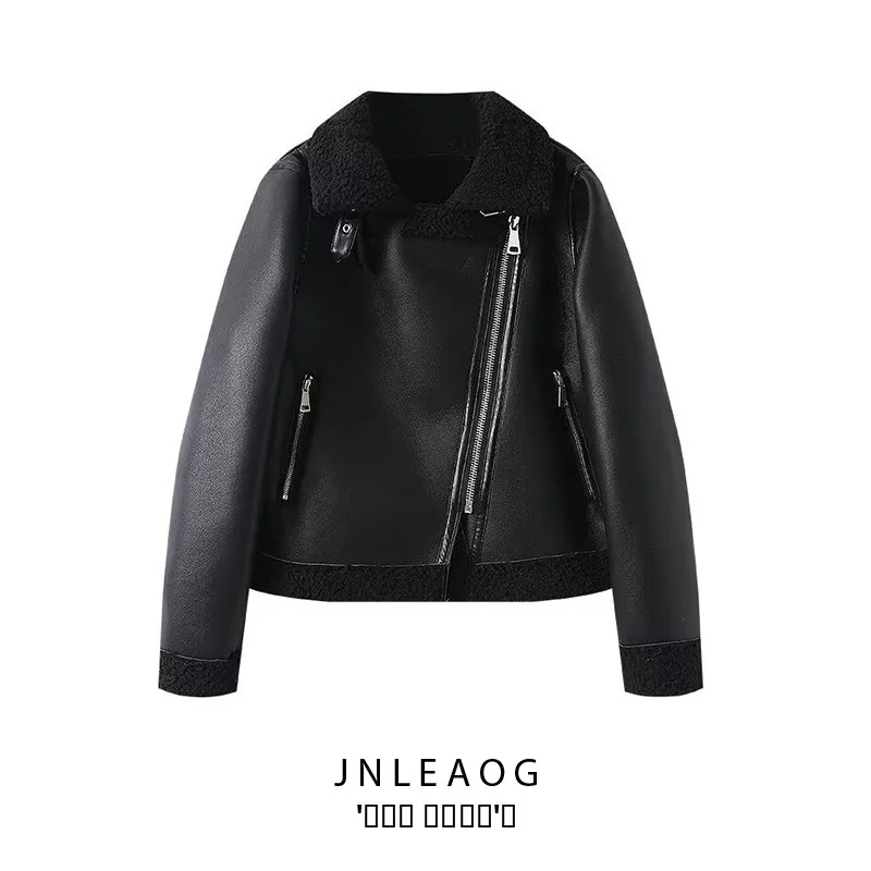 เสื้อโค้ทหนังผู้หญิง JNLEAOG รุ่นแฟชั่นสำหรับฤดูใบไม้ร่วง แขนยาว ผ้าโพลีเอสเตอร์ กันลม สีเข้าได้กับทุกชุด