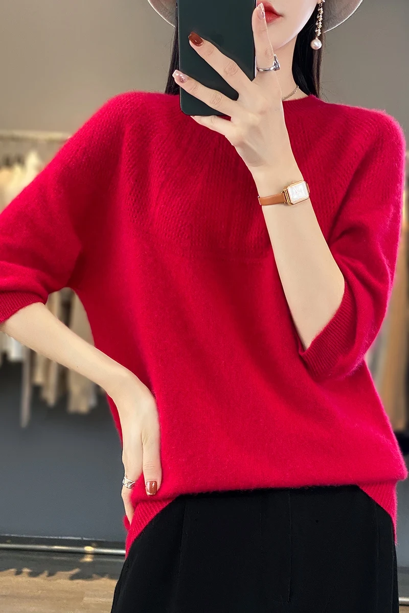 

Spring and Autumn New Cashmere Sweater Women's T-Shirt 100% Pure Wool Knitted Sweater Loose Thin Pullover Short-Sleeved Trend