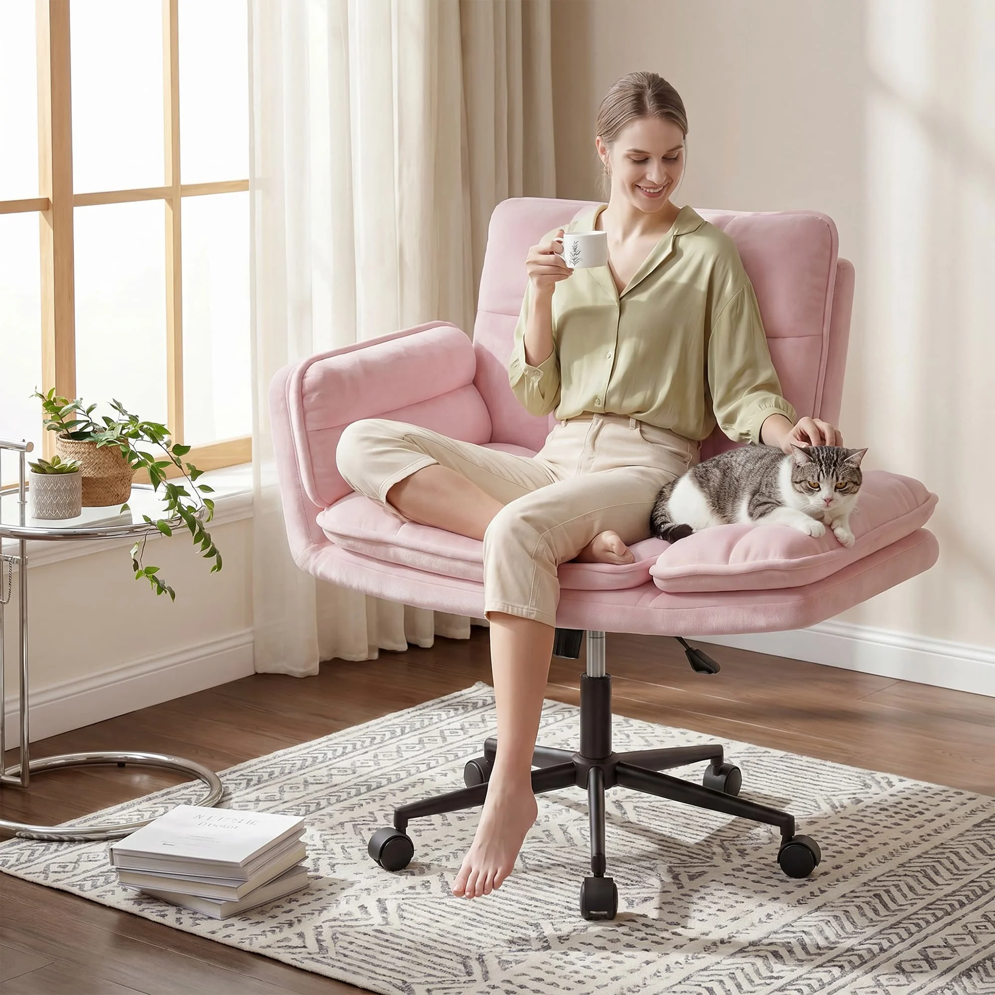 Cross Legged Office Chair, 5-Position Flip-Up Armrest, 95°-120° Reclining Swivel Computer Desk Chair, Height Adjustable Rolling Vanity Chair for Home Office Bedroom Makeup