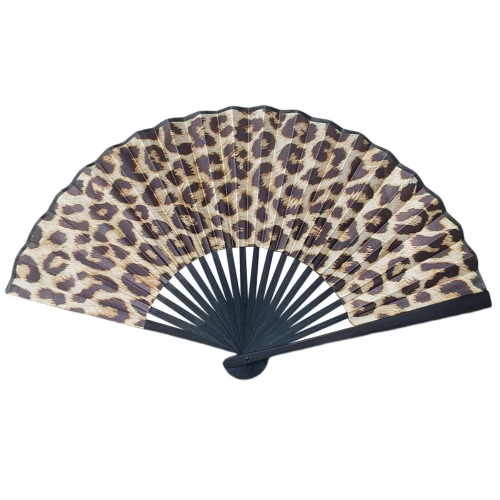 Leopard Print Folding Fan Large with Black Frame Hand Fold Fan Lightweight Portable Classical Dance Fan Women Party Gifts