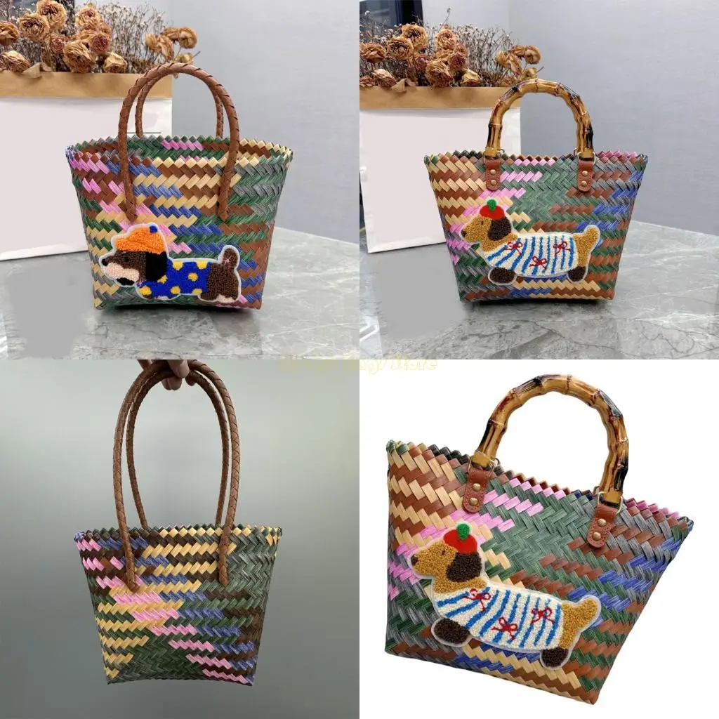 

X90D Unique Dachshund Themed Woven Bag With Retro Stripe Large Capacity Practical Handbag For Work or Daily Use