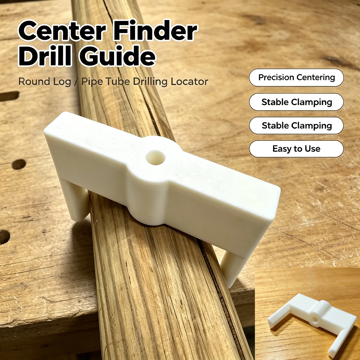 White Round Wood Tube Center Locator, Raw Wood Tube Center Alignment Clamp, Woodworking Circular Wood Centering Drilling Guide Positioning Tool