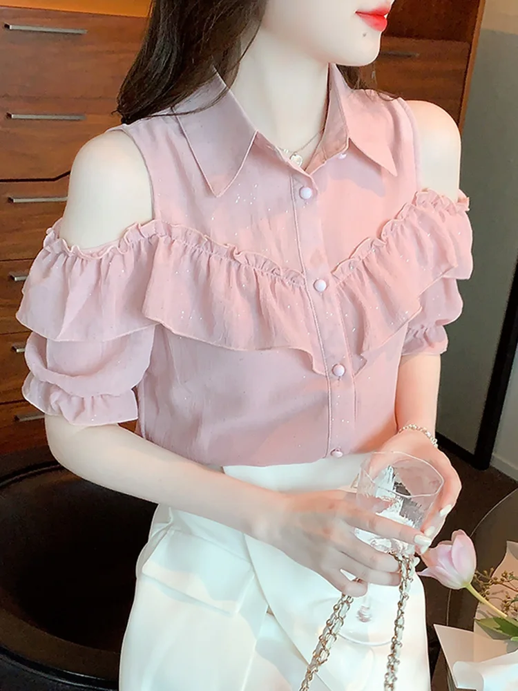 

Faionable oulder Bared ort Sve Chiffon irt Women's Summer 2026 New Sle Ladies Top Trendy Blouse Korean Sle