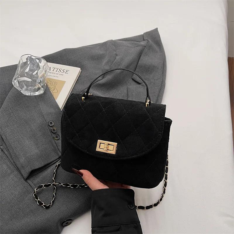 Diamond Grid Chain Crossbody Bag One Shoulder Purse Trendy Flip Top Clutch Women's Fashion Suede Leather Casual Shoulder Bag
