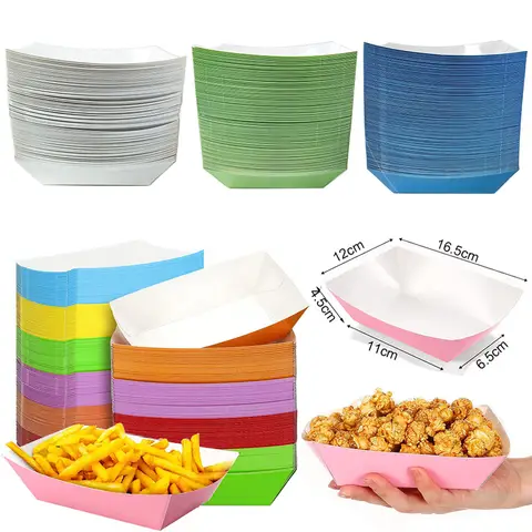 Bilashmart 6/12/24 Solid Color Paper Food Trays Disposable Food Boat Black White Blue Yellow Popcorn Box Baby Showe Birthday Party Supplies