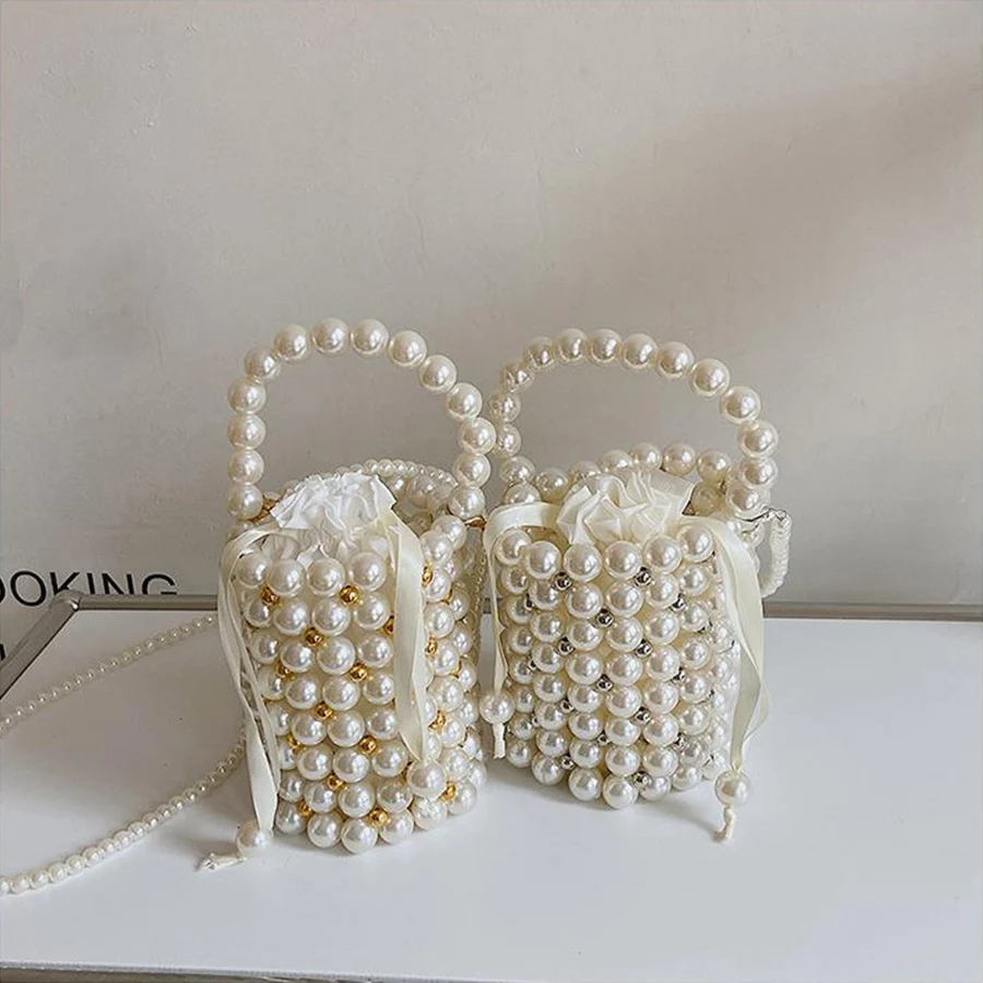 Hand Woven Pearl Evening Bags for Women Bucket Bags Luxury Small Beaded Pearl Clutch Purses And Handbag Lady Mini CrossBody Bags