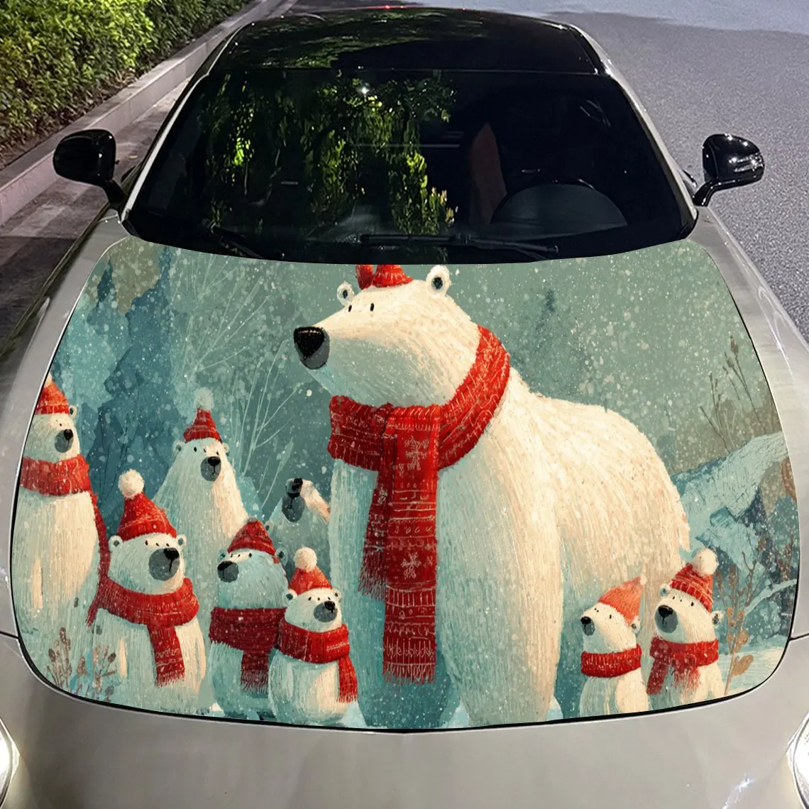 ملصق غطاء تلقائي لعائلة الدب القطبي لعيد الميلاد المبهج، ملصق غطاء محرك السيارة مقاوم للماء وذاتي اللصق، أغطية فينيل أوتوماتيكية، كول كاليفورنيا