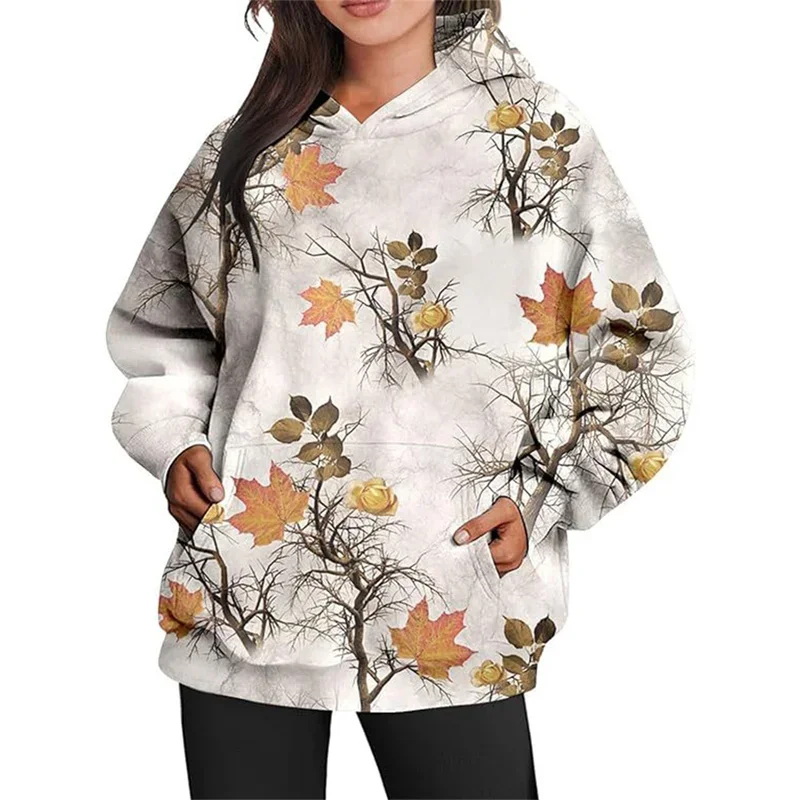 New Leaf Print Loose Hooded Sweatshirt Women Kangaroo Pocket Splicing Hoodie Female Autumn Comfortable Casual Pullover Outerwear