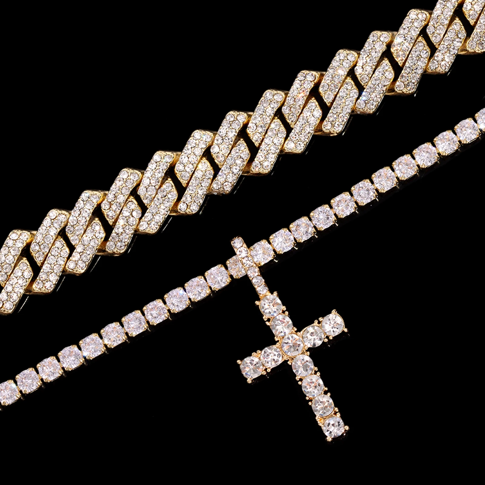 2Pcs Golden Cross Necklace Prong Cuban Link Chain for Women Men Iced Out Full Rhinestone 14MM Hiphop Cuban Necklace Set Jewelry