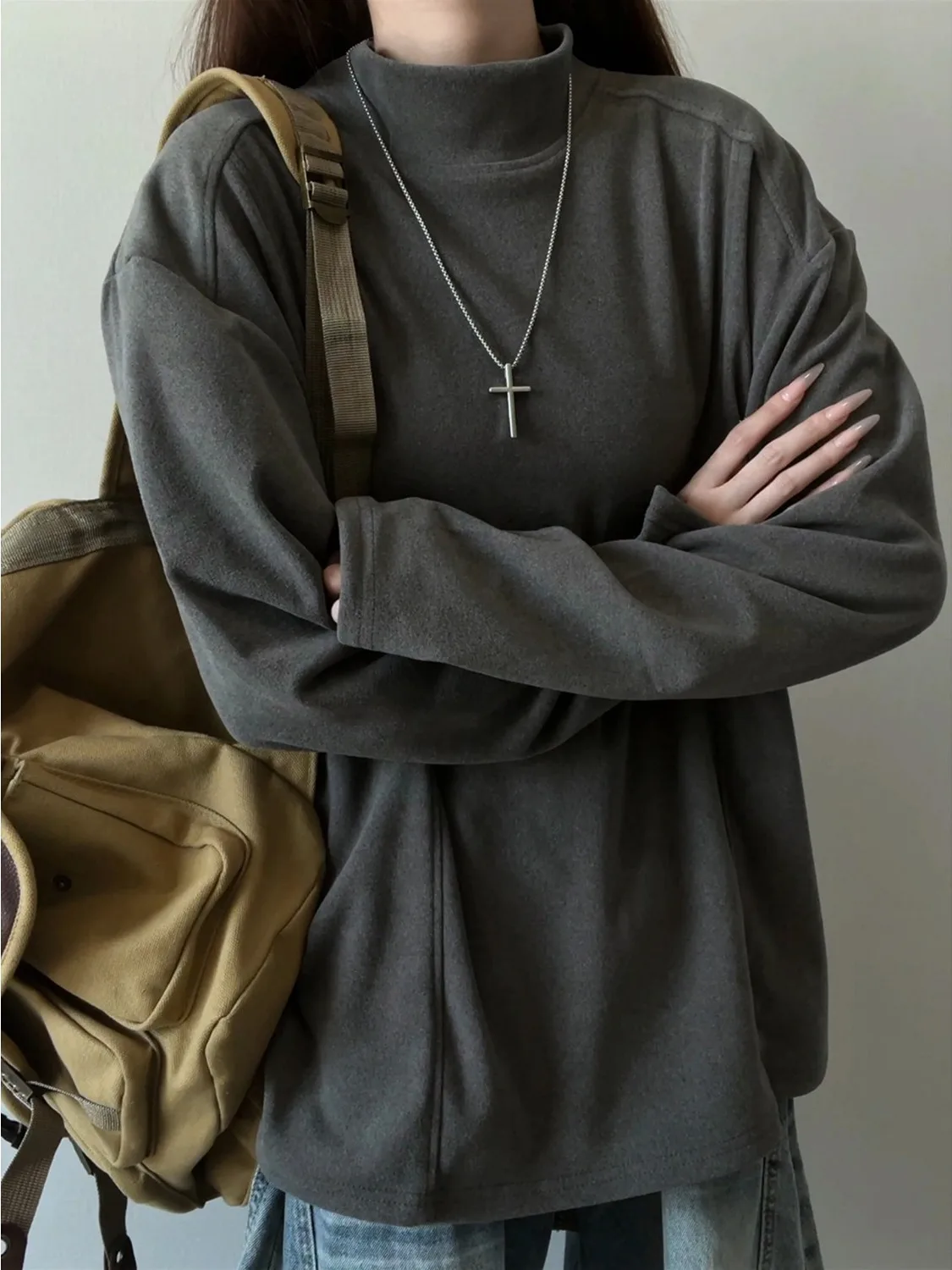 Gray Thickened Long Sleeve Base Shirt Half High Collar Men's Autumn Winter American Deconstructed Style Thermal T-Shirt