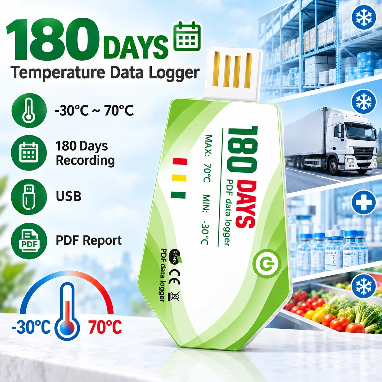180 Days USB Temperature Data Logger  -30℃~70℃ PDF Datalogger Disposable Cold Chain Temperature Recorder for Food Drugs Shipping