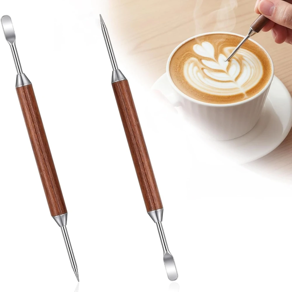 2PCS Latte Art Pen Set Stainless Steel Coffee Drawing Tool with Wood Handle Double-Ended Barista Accessories Espresso Art Tool