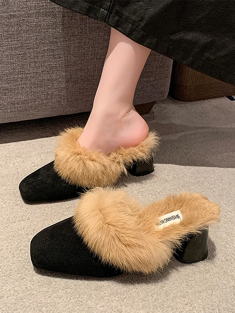 

Ретро-тапочки с мехом для женщин, для улицы, осень-зима, новая модная коллекция, с квадратным носком, на толстом каблуке, на флисовой подкладке, хлопковые мюли-слипоны