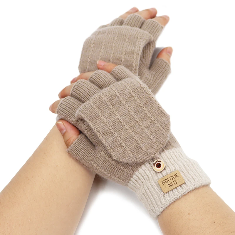 Fashion Solid Flip‑Cover Fingerless Winter Warm Gloves Unisex Knitted Gloves for Men Women Students Writing Daily Wear