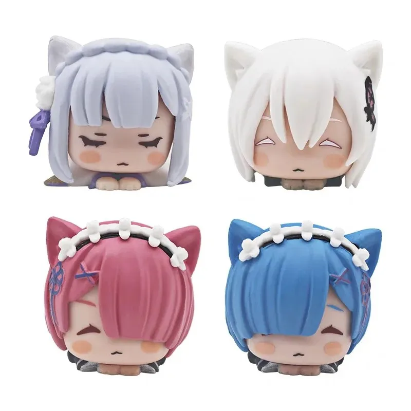 Figurine d'anime RE: ontari- Starting Life in Another World pour enfants, oreilles de chat mignonnes, jouet modèle couché, beurre en PVC, Kawaii, Rem, Emilia, 4cm