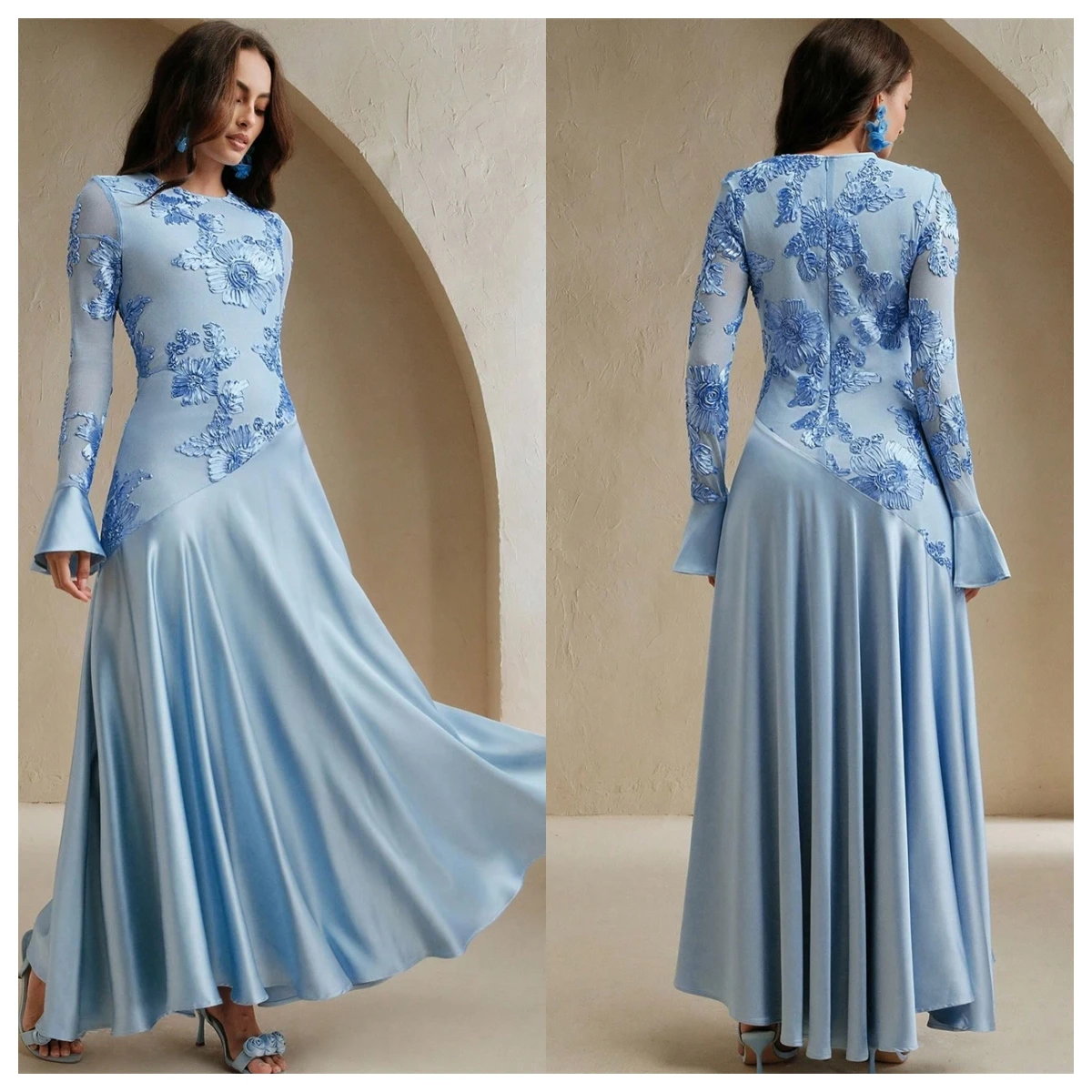 

Customized Fashion Blue Satin Evening Dress O-Neck Long Sleeves Celebrity Gowns Bespoke Occasion Gowns Appliques High Quality