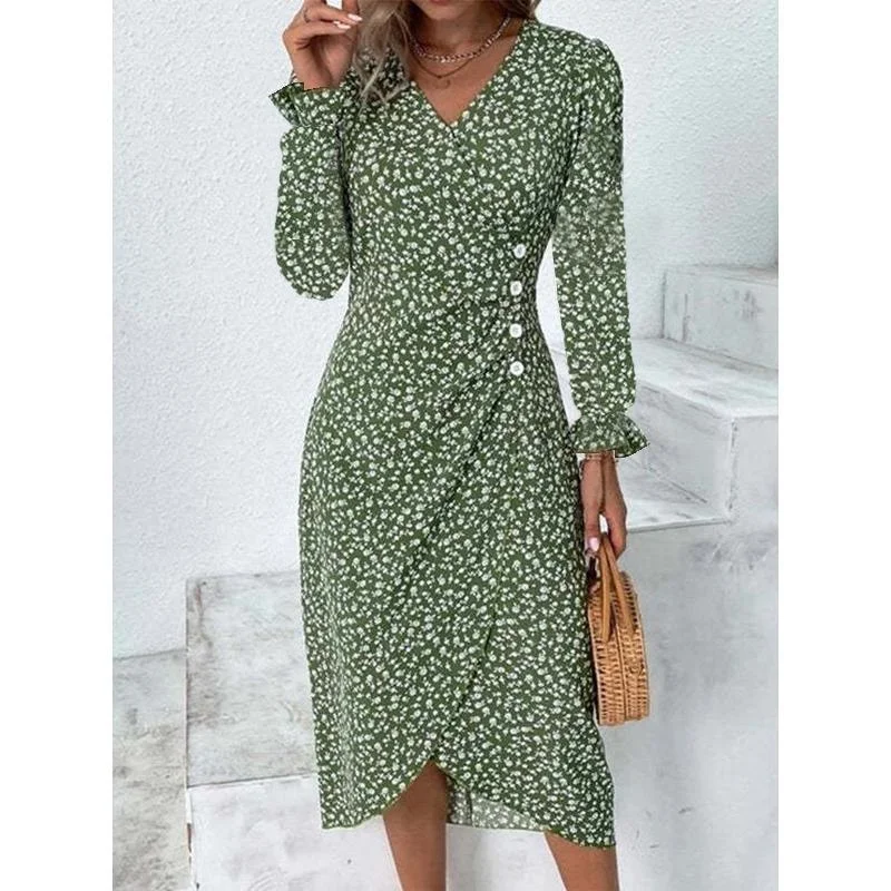 Women's Fall Fashion Fashion Long Sleeve Elegant Point Print Puffed Sleeve V-neck Slim Sexy Party Hem Irregular Dress