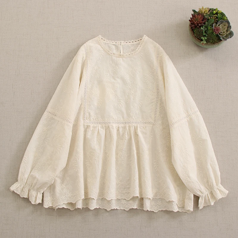 Spring New Japanese Mori Girl Sweet Embroidery Cotton Shirt Women O-Neck Long Sleeve Solid Color Casual Loose Blouse Tops