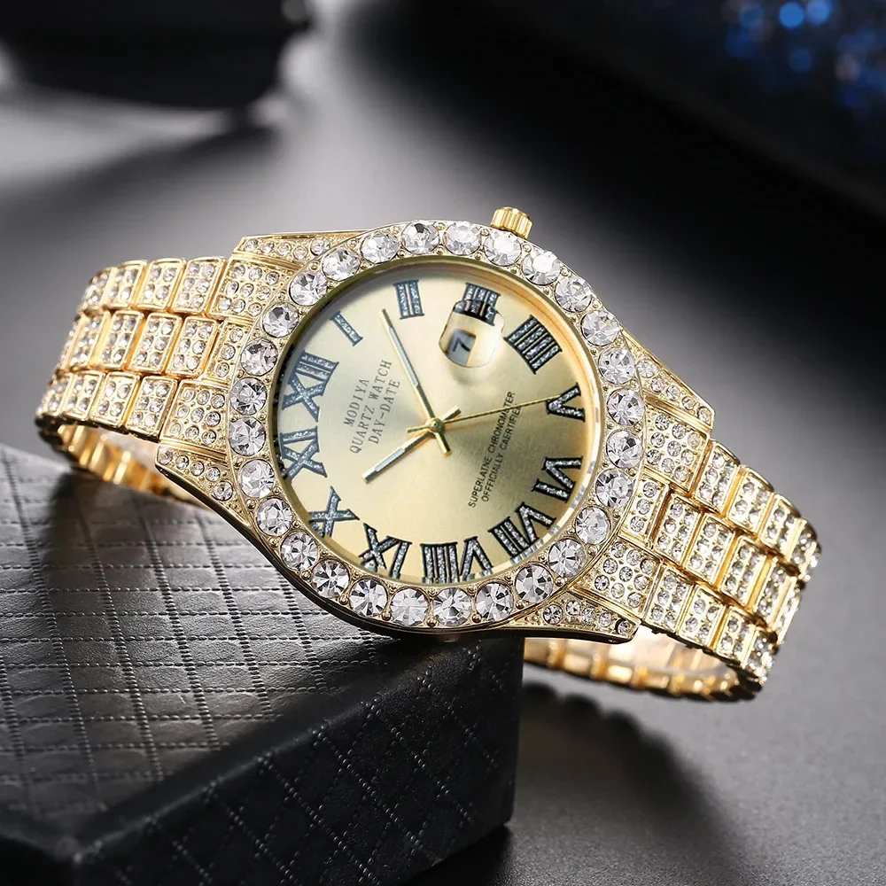 zkceenier Heißer Verkauf Diamant Bling Uhr Männer Gold Farbe Luxus Geschenk Quarz Uhren Männliche Uhr Dropshipping Strass Kalender Armbanduhr 7