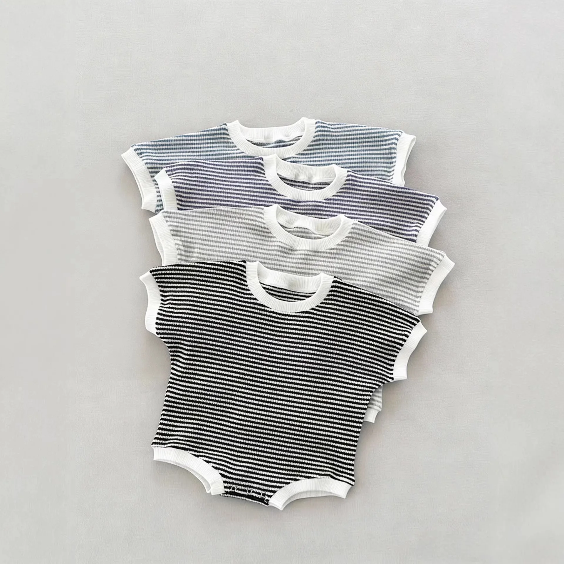 2026 Summer New Baby Short Sleeve Striped Bodysuit Infant Boy Girl Waffle Cotton Casual Jumpsuit Newborn Clothes 0-24M