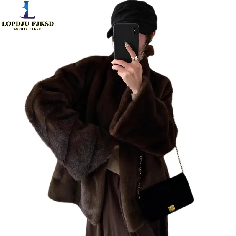 New Winter Brown Embossing Strip Line Pattern Faux Mink Fur Coat  Women Stand Collar Long Flare Sleeve Midi Outerwear