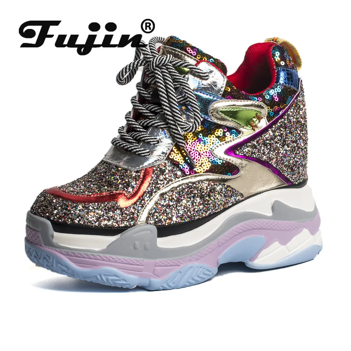 Fujin 11.5cm Synthetic Women High Brand Designer Shoes Ladies Vulcanize Autumn Spring Mixed Color Bling Luxury Elegance Sneakers