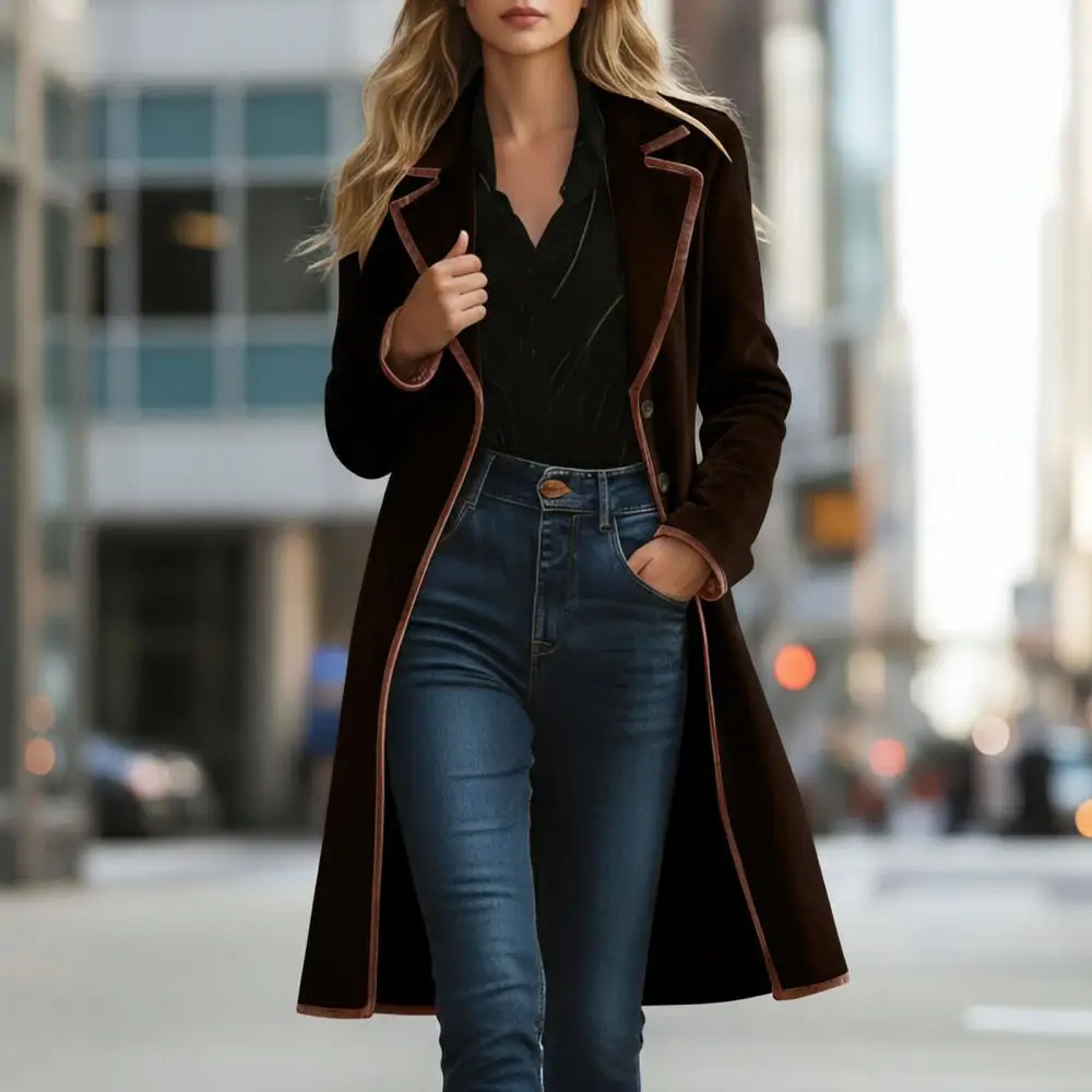 New 2025 Trench Coat For Women Velvet Autumn Winter Long Sleeve Elegant Slim Jacket British Style Office Outwear