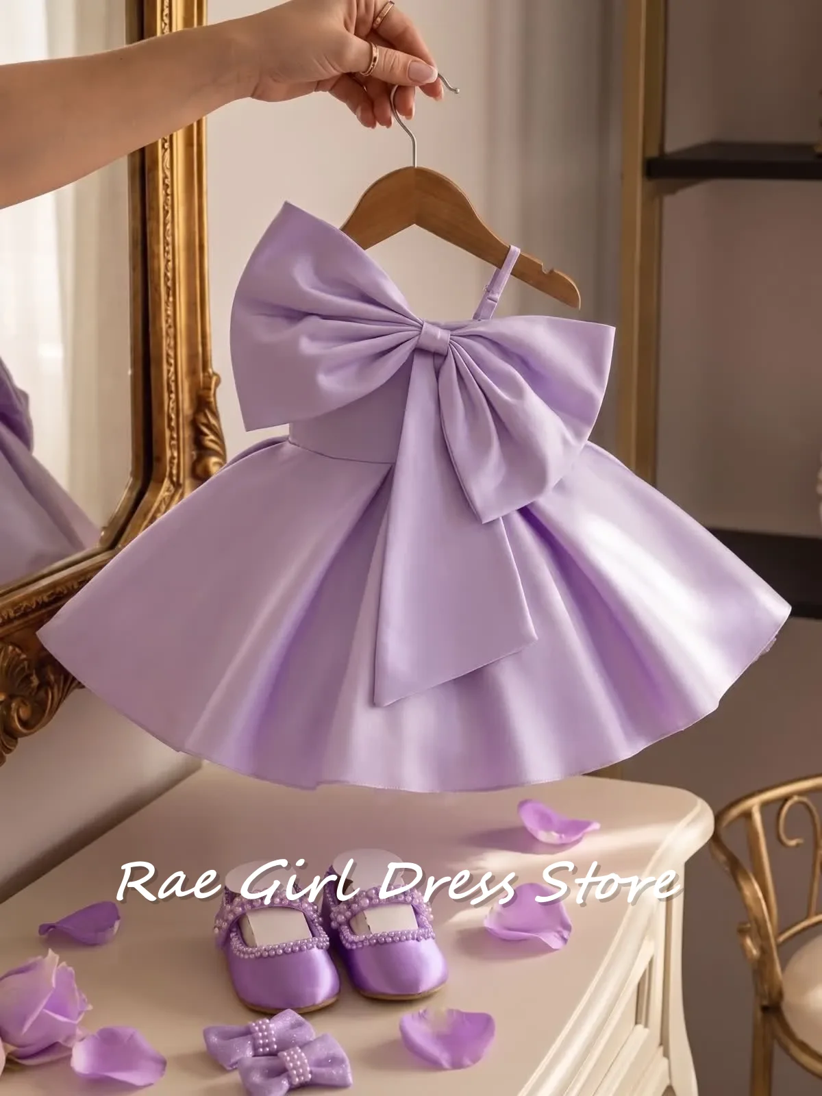 Lavender Satin Flower Girl Mini Dress Spaghetti Straps Oversized Side Bow A Line Baby Birthday Photoshoot Pageant Gowns Customiz