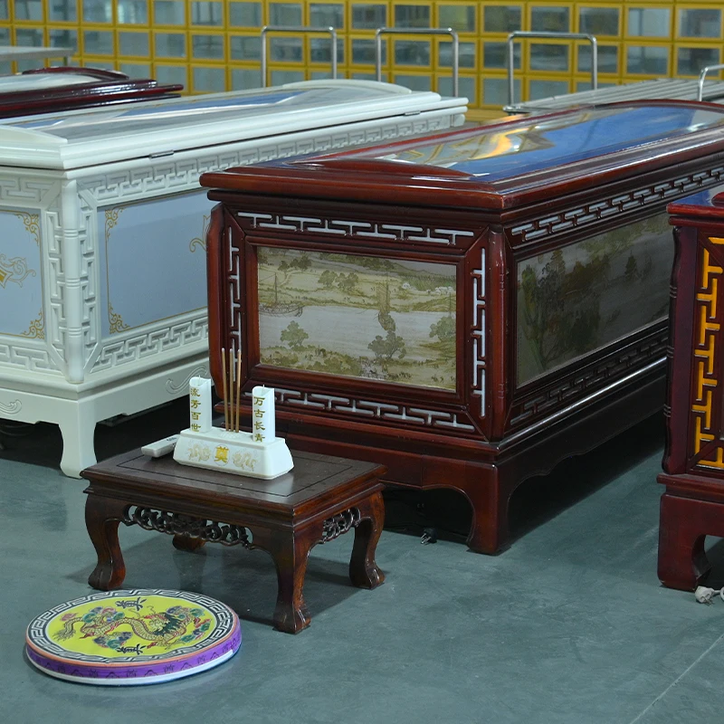 Customized Luxury American Style Memorial Service Equipment with Intricate Carvings High Quality Mahogany Refrigerated Coffin