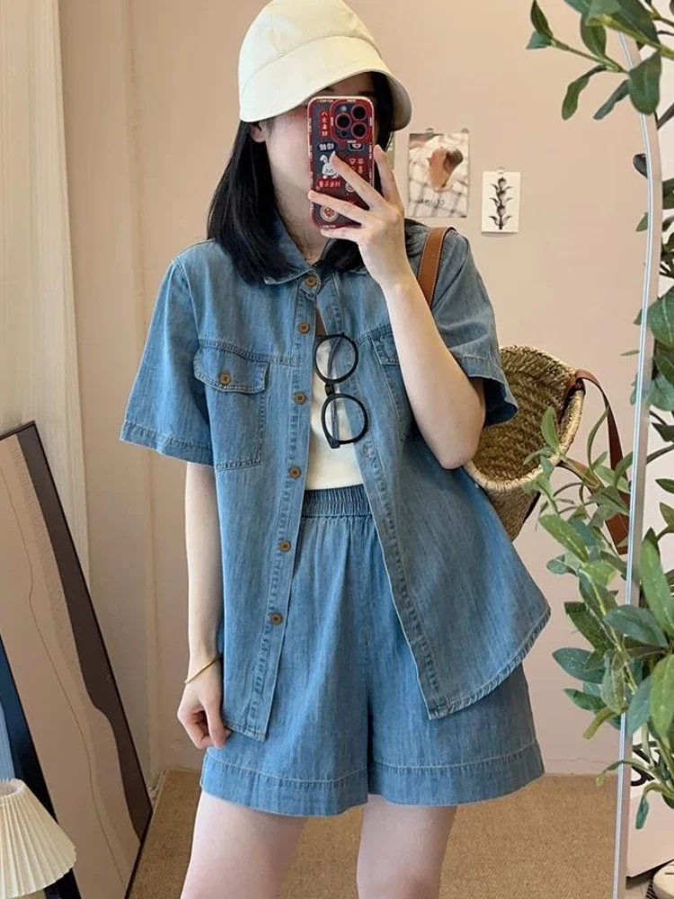 New In Women's Summer Shorts Matching Sets Korean Cargo Lapel Thin Denim Short Sleeve Blouse and Shorts 2 Piece Set Women Outfit