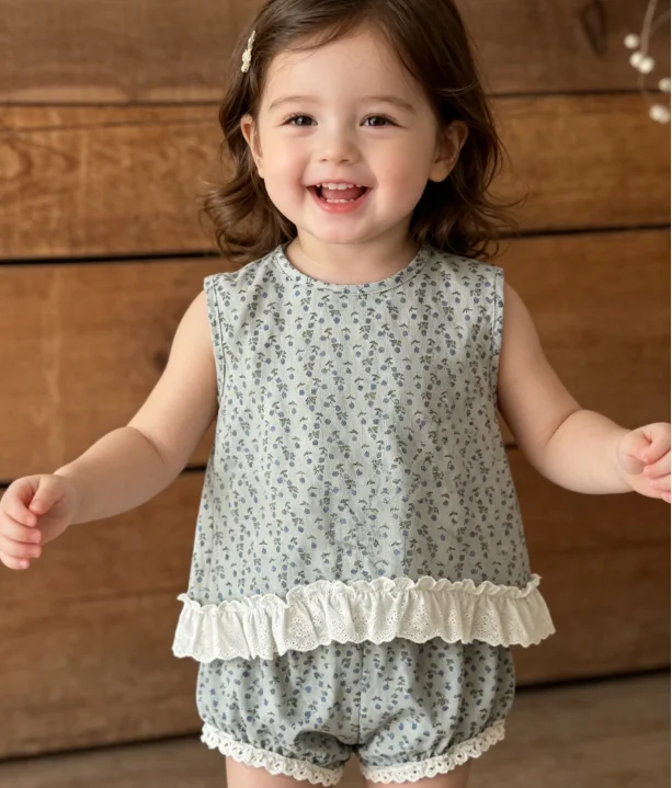 Conjunto Infantil Feminino 2026 Primavera Verão Novo Estilo Coreano Roupa Infantil Menina Bebê Camisa Retrô com Mangas Florais e Shorts Duas Peças