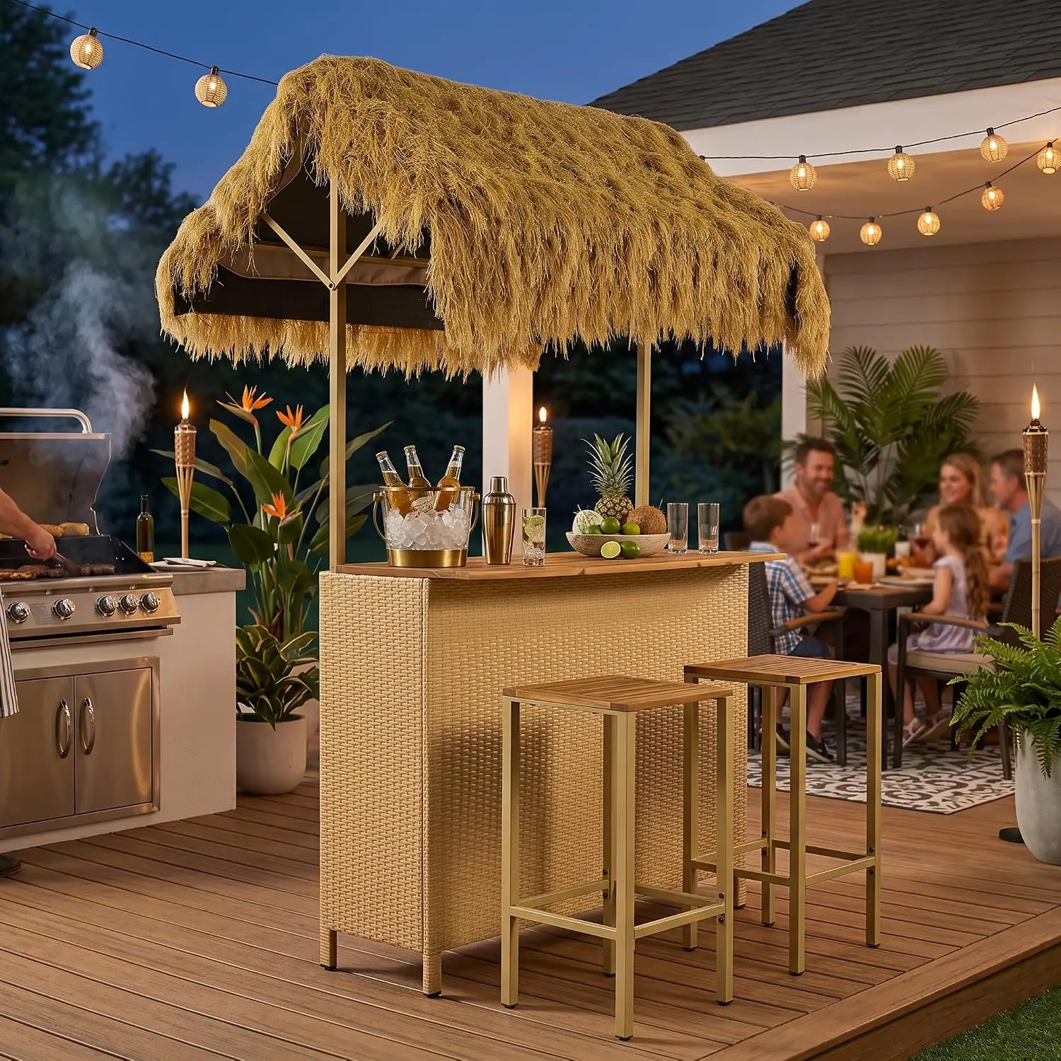 3-Piece Outdoor Bar Height Table & Stool Set Acacia Wood Metal Frame Thatched Roof Hidden Storage Backyard Pool, Customized