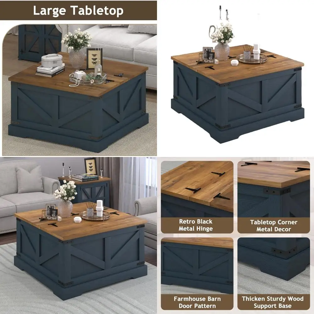 

Navy Blue Square Wood Coffee Table with Lift-Top Storage for Living Room