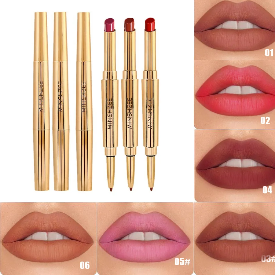 6 colors optional matte double-ended lipstick lip liner suitable for all skin types non-stick long-lasting lipstick