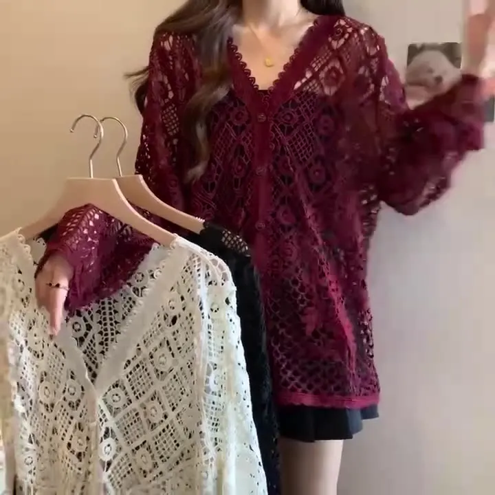 Spring Plus Size Medium Length Top Wine Red French Style Crochet Lace Knitted Cardigan Jacket Women's Versatile Fashion T-shirt