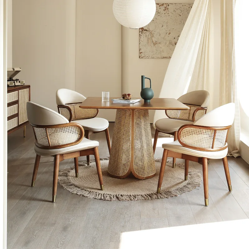 Nordic wabi-style solid wood dining table, home small apartment, creative rattan square dining table, minimalist ash dining room