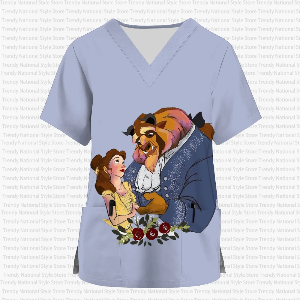 Damska bluzka pielęgniarska z nadrukiem, dekolt w serek, krótki rękaw, matowa, motyw Disney Belle Princess, koszulka damska do szpitala, sklepu zoologicznego.