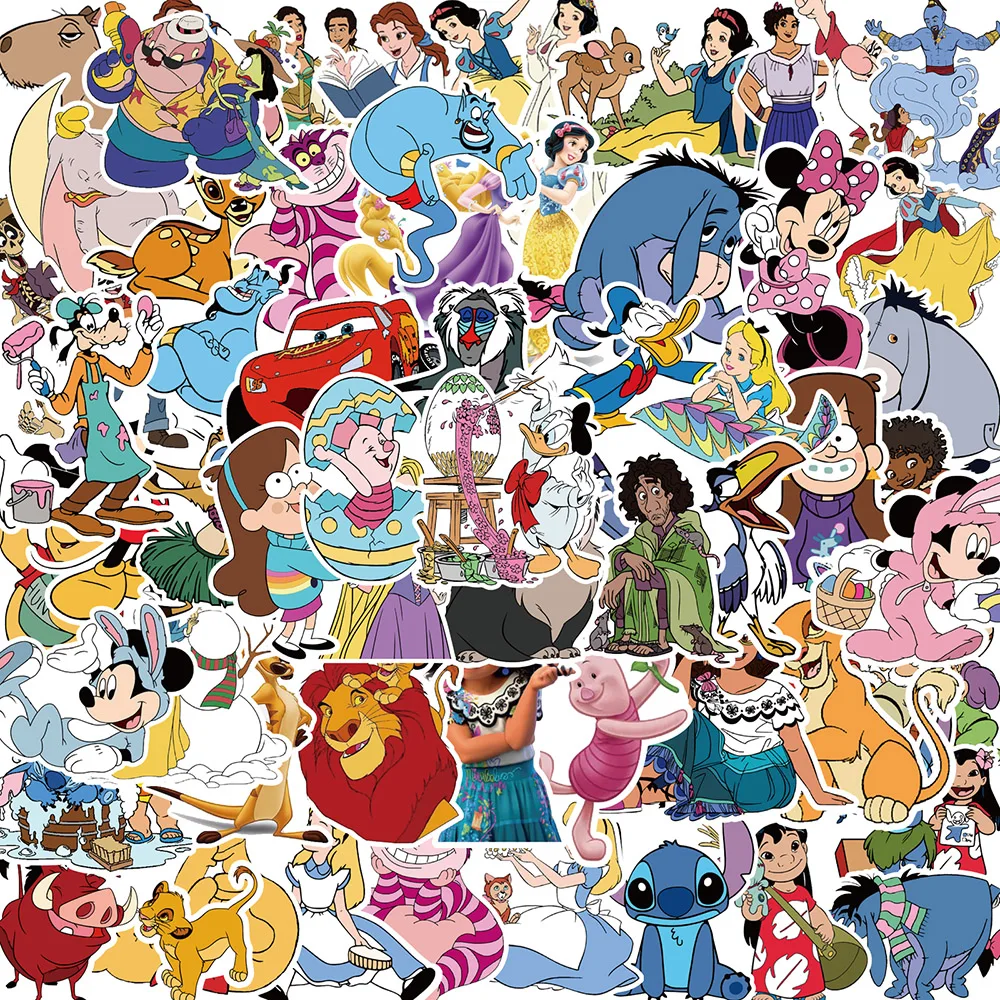 50/100pcs Cute Disney Cartoon Stickers Princess Stitch Mickey Mouse Decal DIY Skateboard Phone Laptop Anime Sticker for Kids Toy