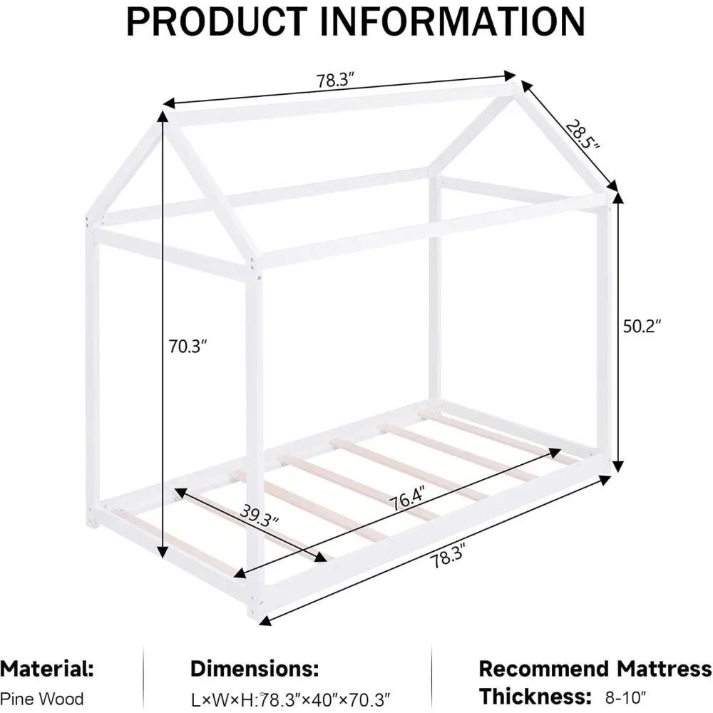 Letti per bambini, letto per casa in legno, letto a pavimento con doghe in legno, nessuna molla della scatola necessaria, doppia dimensione, bianco