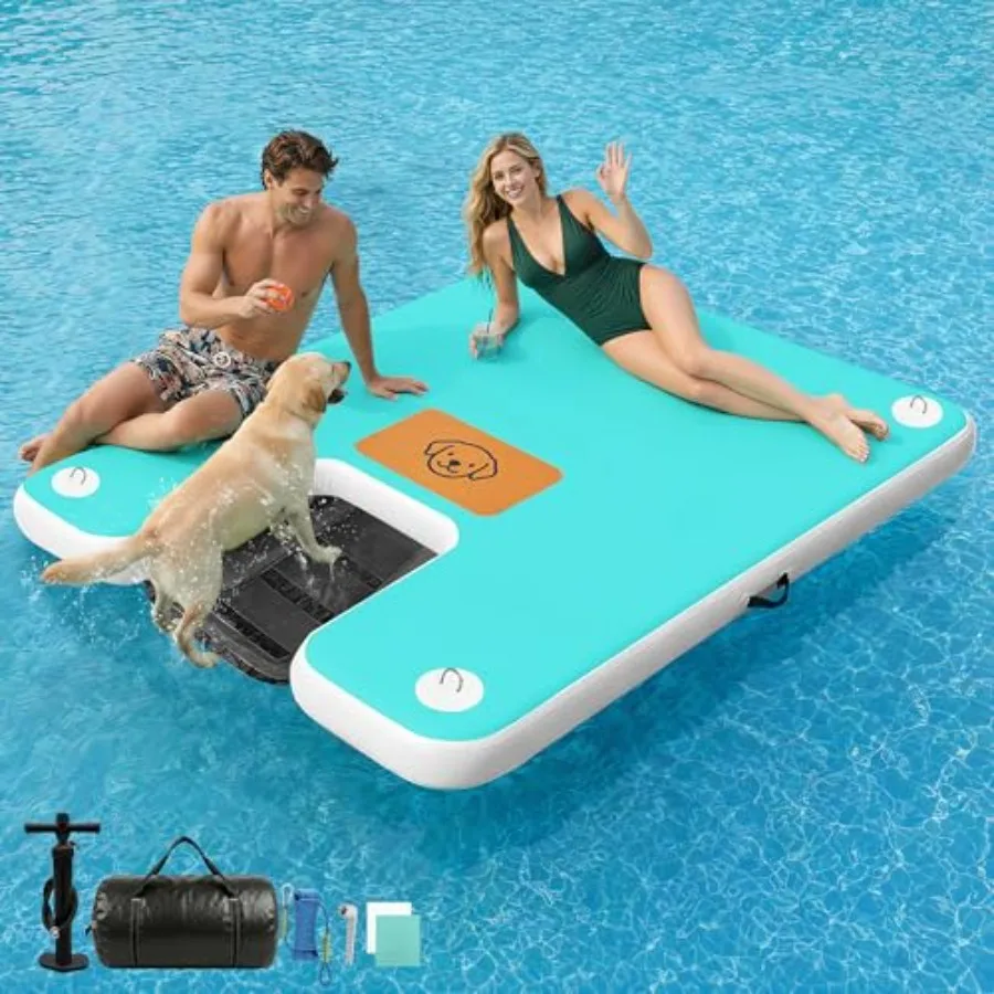 Inflatable Floating Dock with Ramp for lake ocean beach pool and boat parties; PVC material; gray and blue; ultra-stable quick-