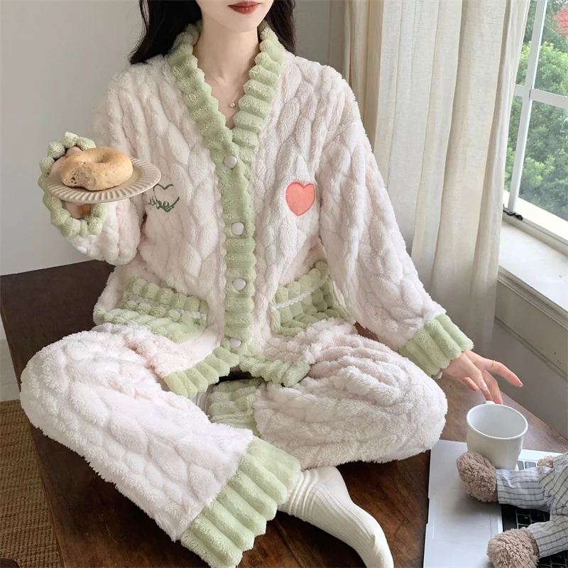 New Coral Velvet Pajamas Autumn and Winter Women Thick Warm Sweet Homewear Soft V-neck  Nightwear Loungewear Two Piece Set