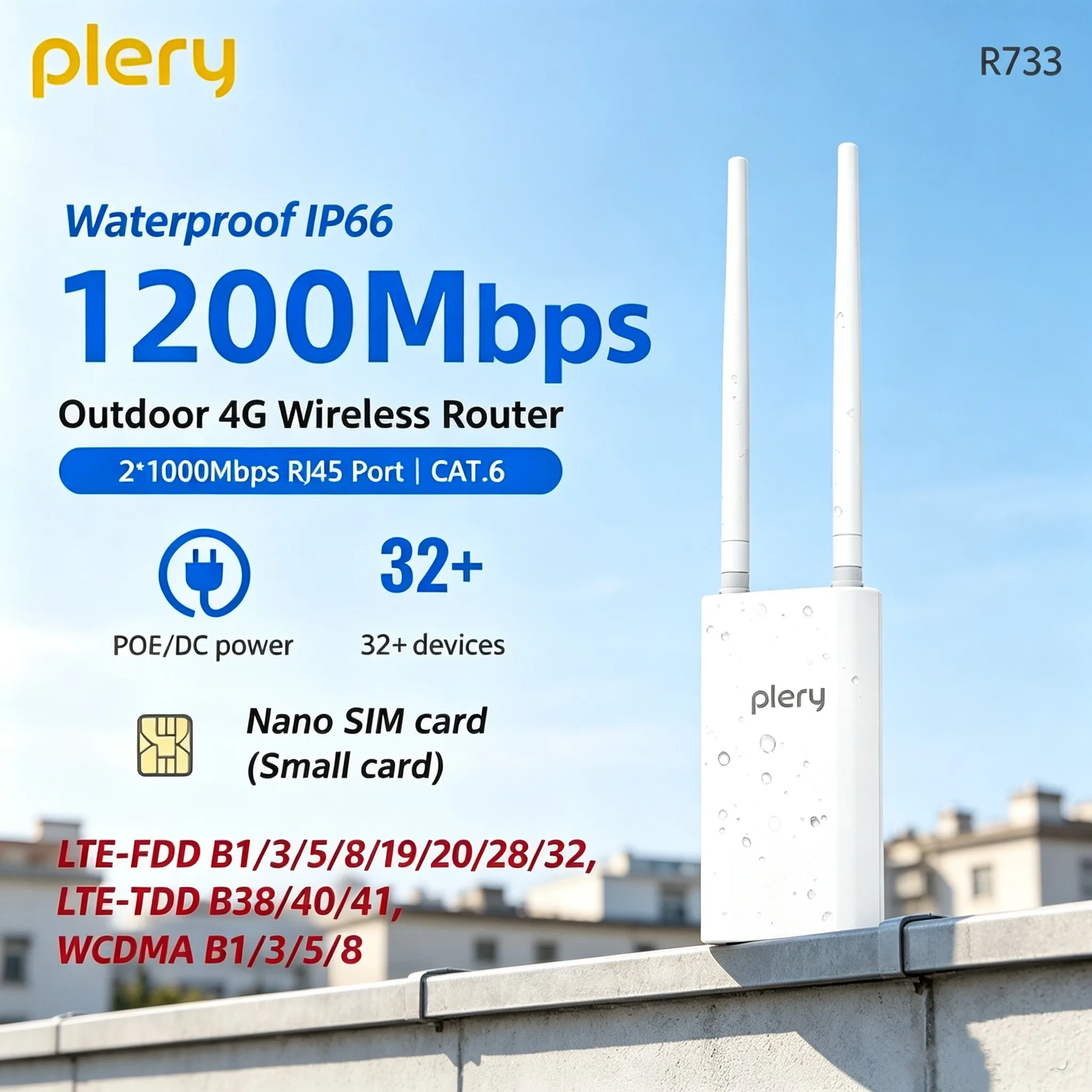 Plery 1200Mbps Outdoor 4G LTE CAT4 CAT6 Router IP66 Waterproof WiFi6 AP POE Modem Detachable Antennas Rural Farm EU Plug