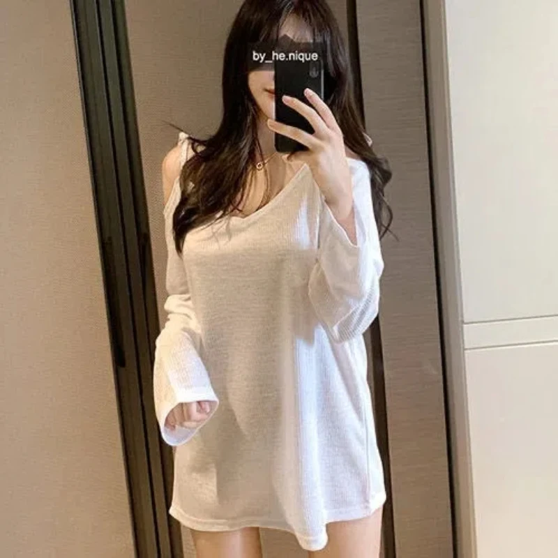 Spring New Korean Sexy Off Shoulder Loose T Shirts Long Sleeve Solid Color Lacing Thin Tops Tees Fashion Casual Women Clothing