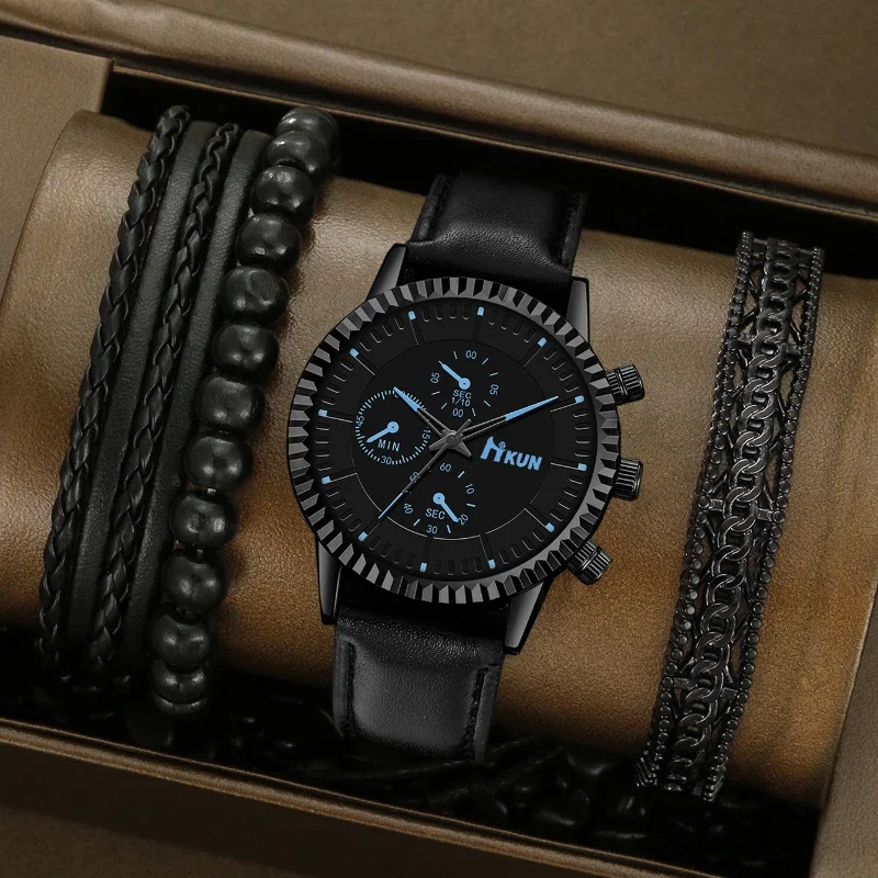ساعة بسوار جلدي أسود للرجال ، ساعات يد كوارتز ، سوار رياضي ، مجموعة هدايا فاخرة ، عمل ، جديد