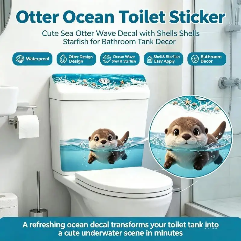Cute Otter Toilet Tank Sticker Ocean Wave: Vinyl Decal Bathroom Adhesive Wall Art Accessories