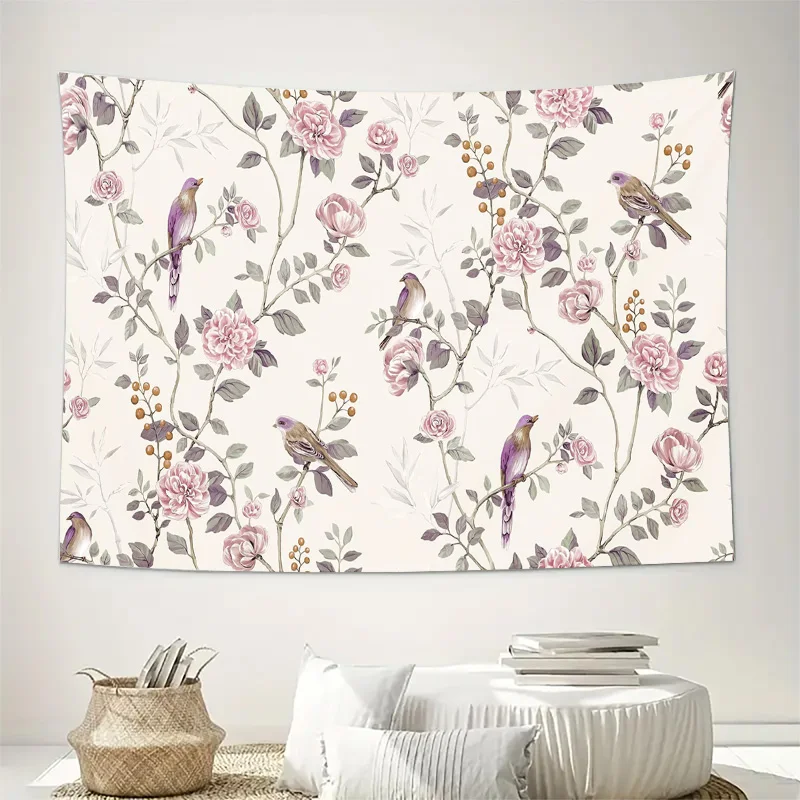 Floral Birds Pattern Wall Tapestry Machine Washable All Season Decor Art Print Nature Botanical Design Home Elevate Your Space