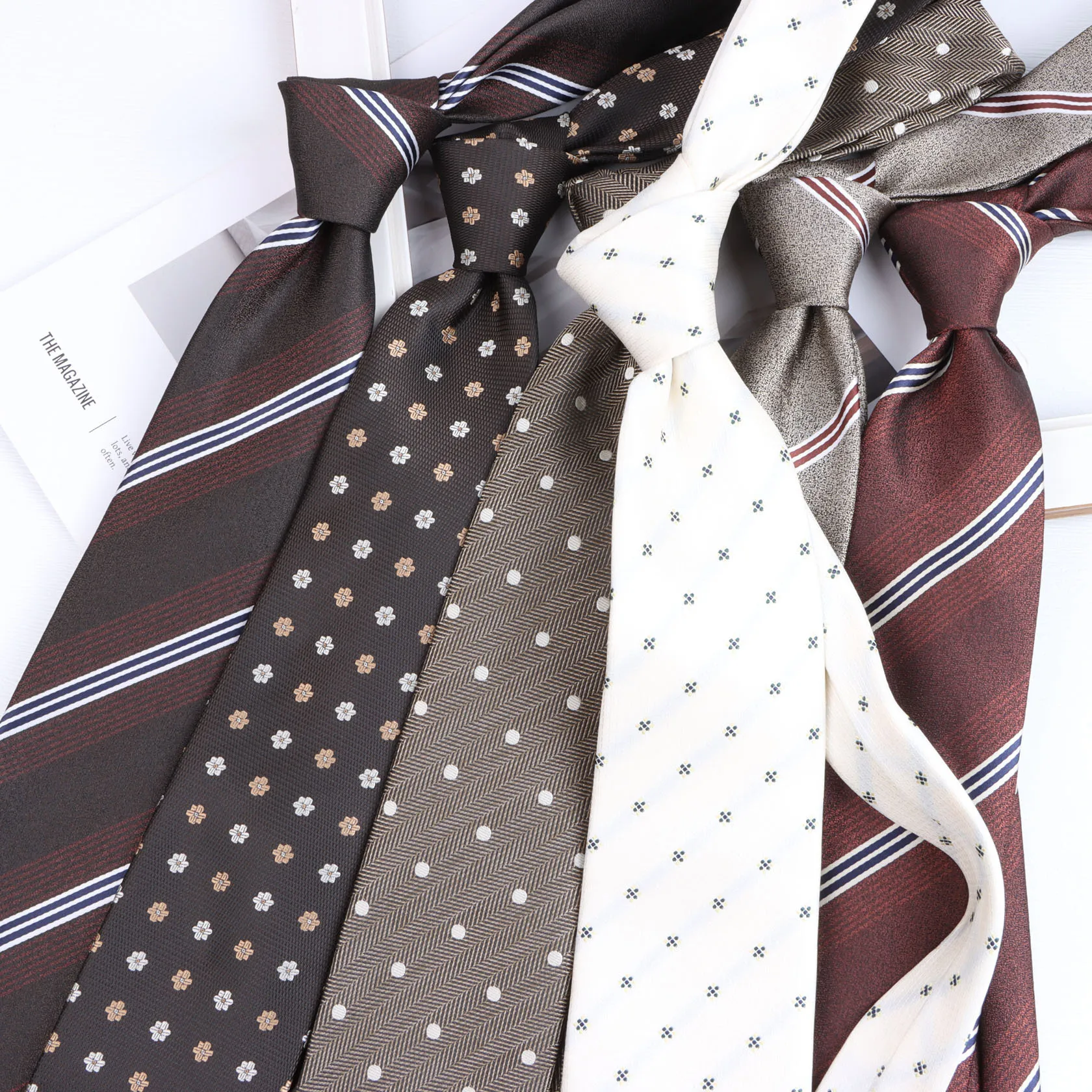 Vintage Beige Brown  Burgundy Colors Ties Striped Dots Floral Pattern Men's Casual Coffee Necktie for Men Wedding Business