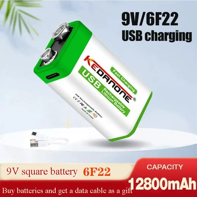9V 12800mAh Rechargeable Li-ion Battery USB Charging Battery with Cable for Multimeter Microphone