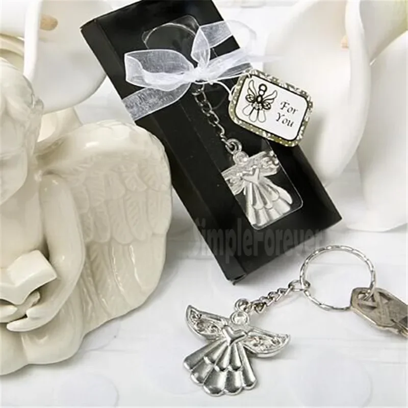 100pcs/lot Cheap Wedding Party Souvenir Guardian Angel Key Ring Silver Keychain Baby Shower Favors